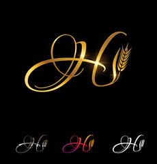 Golden Wheat and Grain Monogram Initial Letter H