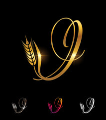 Golden Wheat and Grain Monogram Initial Letter I