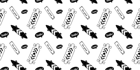 Vector Black and White Color Illustration of Textured Skateboard. Skateboarding Seamless Pattern with Cartoon Skate Board and Word. Line Art Style Skate Background