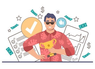 Happy businessman, champion, business competition winner holding trophy award cup, vector illustration. Career growth.