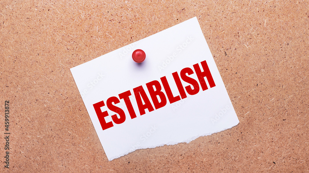 Poster white paper with the text establish is attached to the wooden background with a red button.