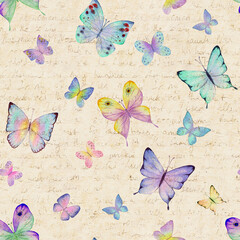 Seamless pattern in vintage style with watercolor butterflies and hand written letter