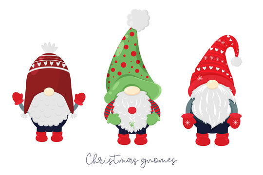 Christmas set with Scandinavian gnomes. Illustrations of Nordic folklore creature Nisse, Tomte. Christmas Gnome Collection. Hand drawn New Year dwarfs. Cartoon Kids Characters
