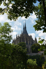 Obraz premium Church of St. Barbara Kutná Hora, trees in foreground, on a cloudy day