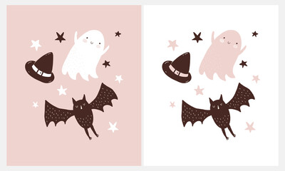 Cute Hand Drawn Halloween Vector Illustration with Funny Ghost, Bat,Stars and Witch Hat on a White and Pink Background. Simple Infantile Style Print with Kawaii Ghost and Handwritten Happy Halloween. 