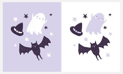 Cute Hand Drawn Halloween Vector Illustration with Funny Ghost,Bat,Stars and Witch Hat on a White and Violet Background.Simple Infantile Style Print with Kawaii Ghost and Handwritten Happy Halloween. 