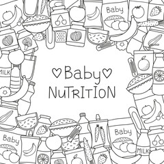 Square background with hand drawn baby foods.