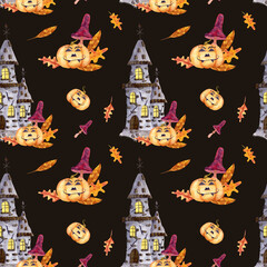 Happy Halloween watercolor seamless pattern with old Stone Castle with luminous windows, with Pumpkins and autumn leaves and Toadstool Mushrooms.