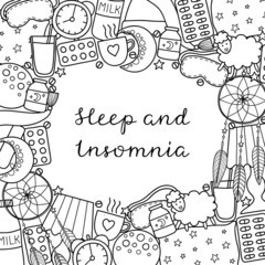 Square background with sleep, insomnia items.
