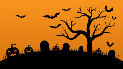 Fototapeta na wymiar Halloween background. pumpkin with bats and bare tree on orange color background