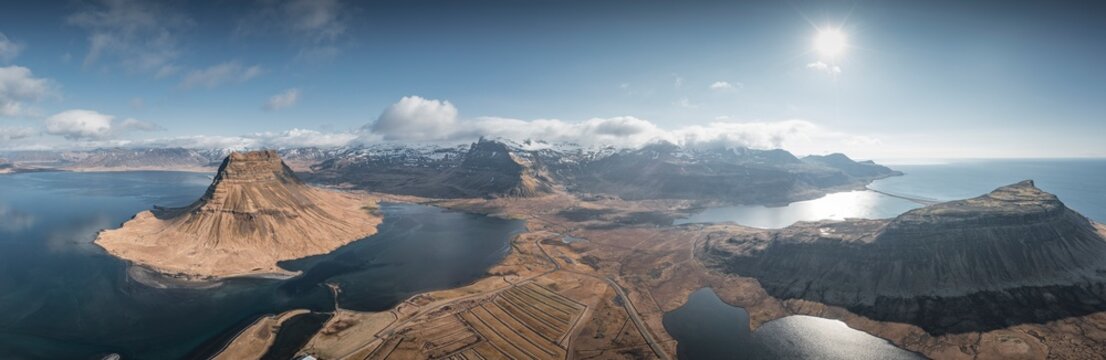Kirkjufel volcanic mountain from aerial view in panoramic