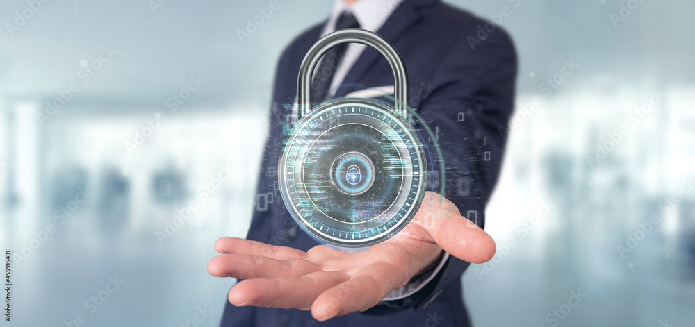 Poster businessman holding a padlock and security data - 3d rendering