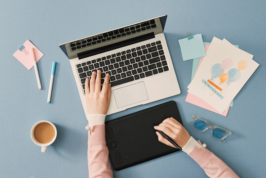 Flat Lay, Top View Of Designer Working At Her Desk