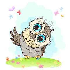 Little owl. Clipart  for nursery poster, t-shirt print, kids apparel, greeting card, label, or sticker. Vector illustration.