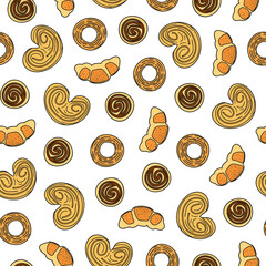 Seamless pattern with puffs, croissants, buns.