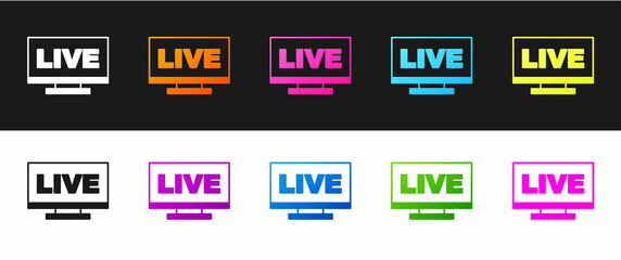 Set Live streaming online videogame play icon isolated on black and white background. Vector