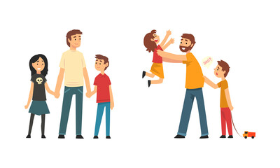 Loving Father Playing and Having Fun with His Kids Enjoying Good Time Together Vector Set