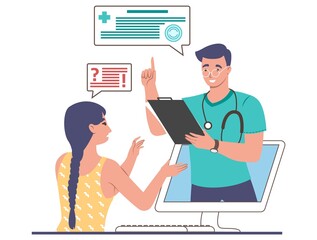 Online doctor helping patient from computer screen, flat vector illustration. Remote medical consultation, telemedicine.