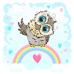 Little owl. Clipart  for nursery poster, t-shirt print, kids apparel, greeting card, label, or sticker. Vector illustration.