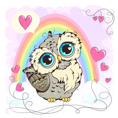 Little owl. Clipart  for nursery poster, t-shirt print, kids apparel, greeting card, label, or sticker. Vector illustration.