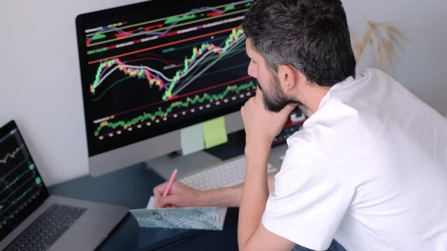 Caucasian businessman trading online, using computer technology, looking on stock exchange trade and analyzing
