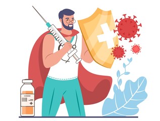 Doctor superhero with vaccine injection and shield protecting from coronavirus, flat vector illustration. Vaccination.