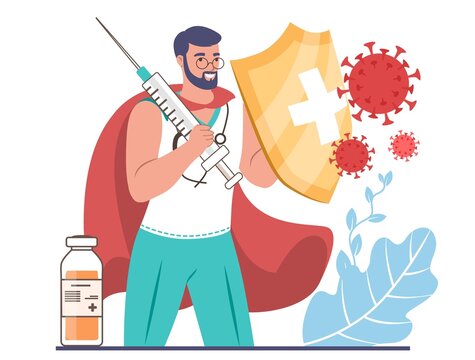 Doctor Superhero With Vaccine Injection And Shield Protecting From Coronavirus, Flat Vector Illustration. Vaccination.