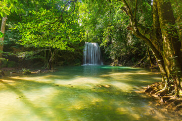 Beautiful waterfall view in thailand,Panoramic beautiful deep forest waterfall in Thailand