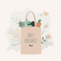 Cotton bag with kit of different vegetables. Shopping reusable grocery cloth bag. Environmental protection, movement of zero waste