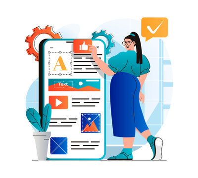 Content manager concept in modern flat design. Woman places elements, fills site pictures and optimized page for mobile app. Designer creates graphics. Online business promotion. Vector illustration