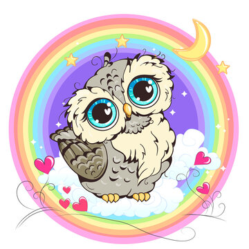 Little owl. Clipart  for nursery poster, t-shirt print, kids apparel, greeting card, label, or sticker. Vector illustration.