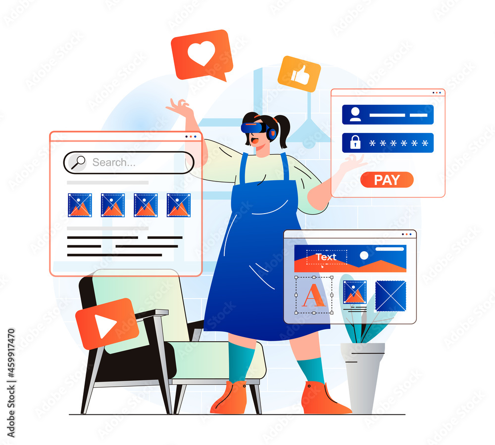 Poster cyberspace concept in modern flat design. woman working at internet using vr headset and touches vis