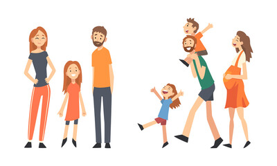 Obraz premium Family with Mother, Father and Kids Spending Time Walking Together Vector Set