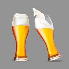 Realistic Detailed 3d Golden Beer Transparent Glasses Cup with Splashes Set. Vector illustration of Alcohol Beverage