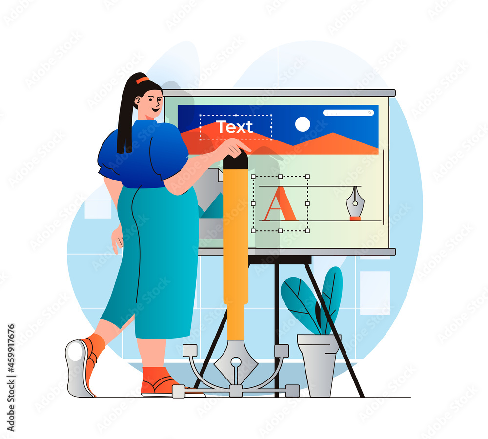 Poster design studio concept in modern flat design. woman designer creates graphic elements and works with 