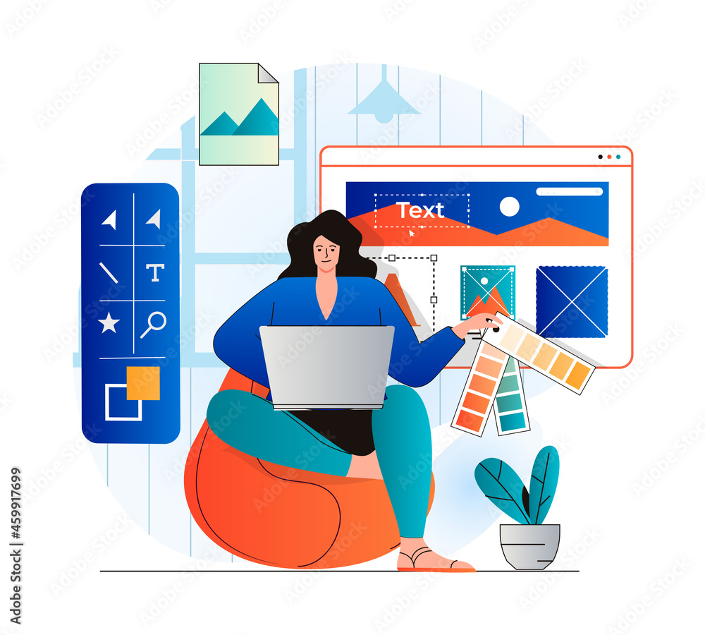 Poster design studio concept in modern flat design. woman designer select colors from palettes, creates gra
