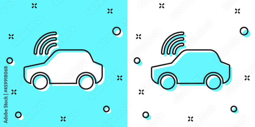Poster black line smart car system with wireless connection icon isolated on green and white background. re