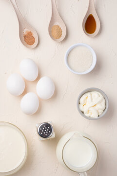Ingredients for cooking omelette on white table