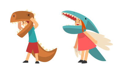 Cute Kid Wearing Dinosaur Costume as Carnival Outfit Vector Set