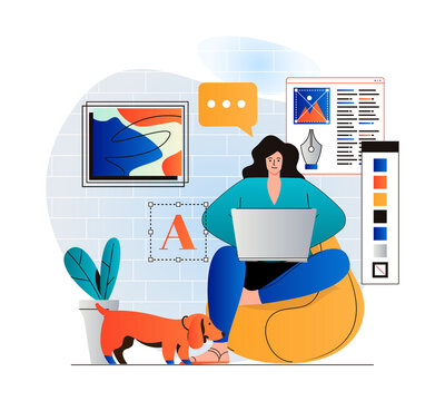 Freelance working concept in modern flat design. Woman designer is working on creative project on laptop from home studio. Illustrator draws graphic elements and performs tasks. Vector illustration