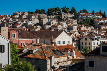 Fototapeta na wymiar Hvar, Croatia A view of the rooftops in the old town.