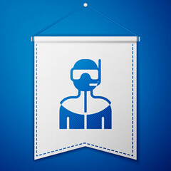Blue Wetsuit for scuba diving icon isolated on blue background. Diving underwater equipment. White pennant template. Vector