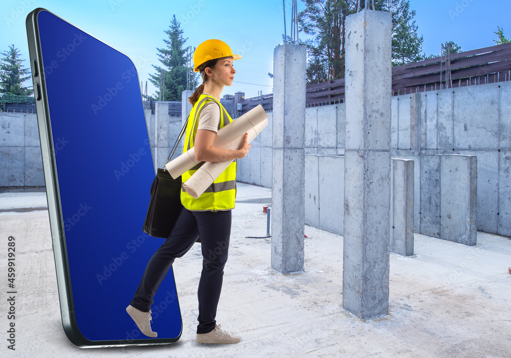 Poster woman builder on background of construction site. builder next to phone. architect at construction s