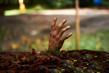 Zombie hand coming out of the ground - obrazy, fototapety, plakaty