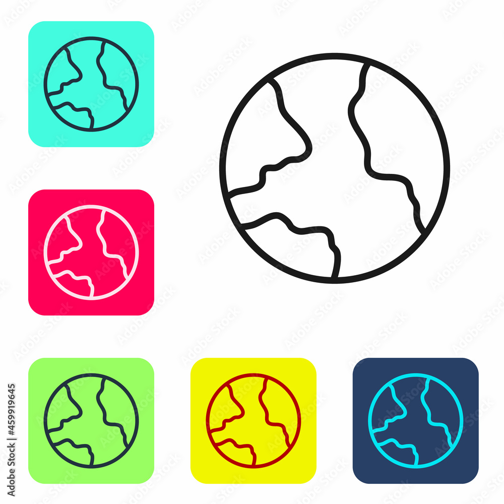 Poster black line worldwide icon isolated on white background. pin on globe. set icons in color square butt