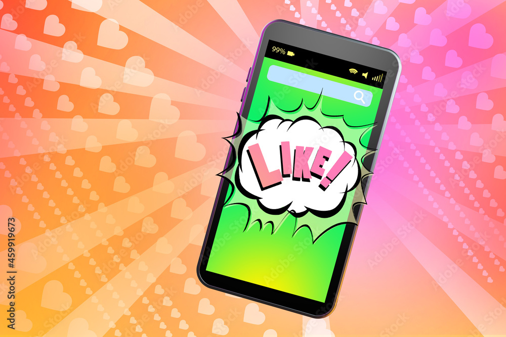 Poster smartphone on multicolored gradient. metaphor using social networks. like logo on phone screen. soci