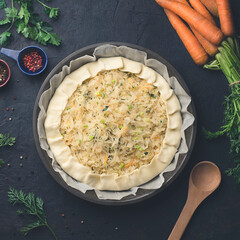 Homemade pie with sauerkraut or pickled cabbage, carrots and greenson dark rustic kitchen table background, preparation, top view. Vegetarian clean food. Healthy eating concept