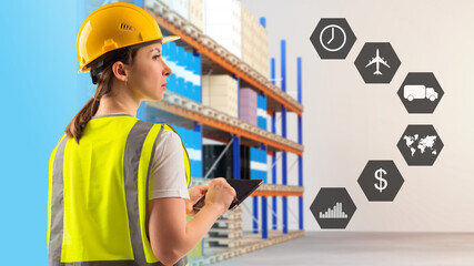 Woman logistics center. Logistic girl in warehouse. Racking system in distribution center. Logistician in warehouse of enterprise. Logistician woman with tablet computer. Warehouse racks are blurred