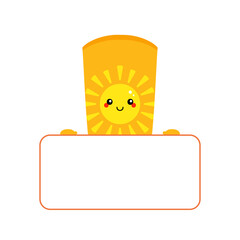 Cute smiling cartoon style bottle of sunscreen character holding blank card, banner.
