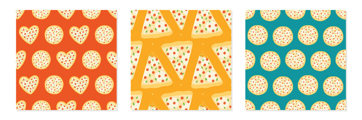 Set, collection of three vector seamless pattern backgrounds with cartoon style pizza with mozzarella cheese, sausages or pepperoni.